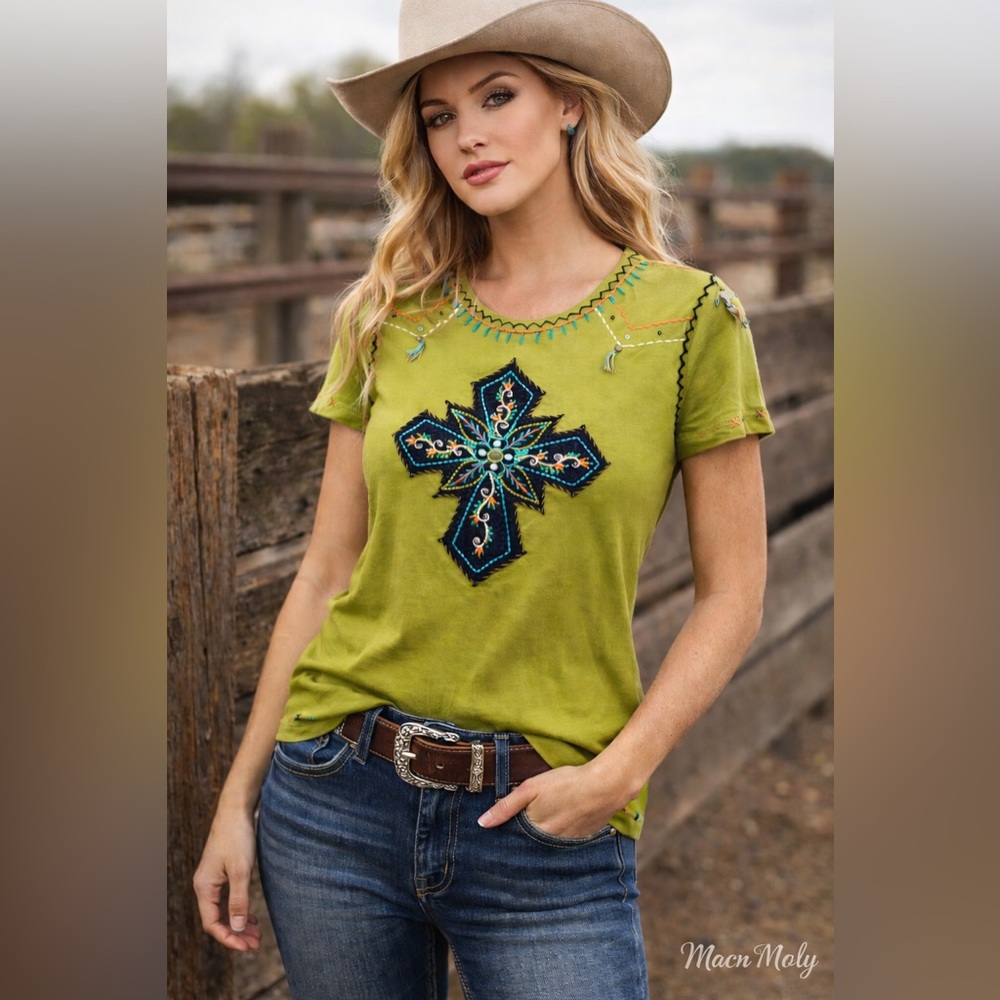 Sassy Sisters Embroidered Cross Western Top M Lime Boho Rodeo Boutique
